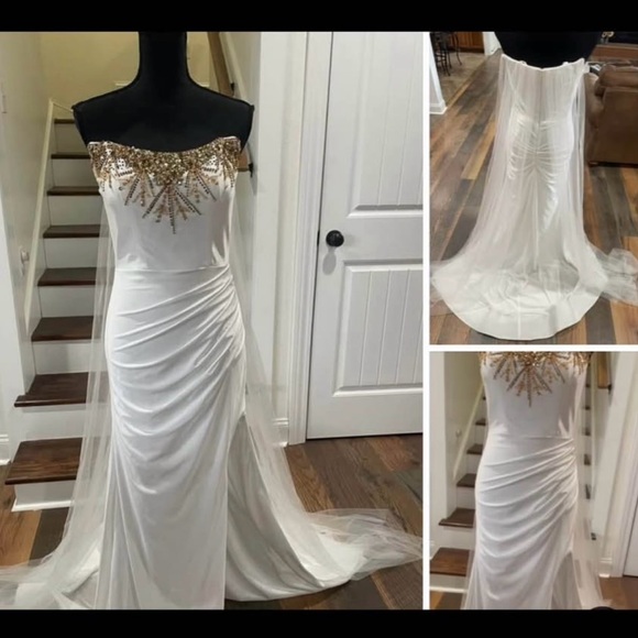 homecoming gold dresses Elegant White Crepe V-Neck A-Line Wedding Dress with Beaded Bodice – MS124  – Viniodress